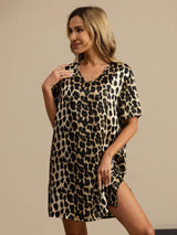 [Leopard] SilkSilky-NO Halv erme V Neck Nattkjole 004