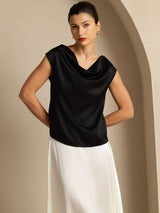 [Svart] SilkSilky-NO Cap Sleeve Cowl Neck T-skjorte for Kvinner 005
