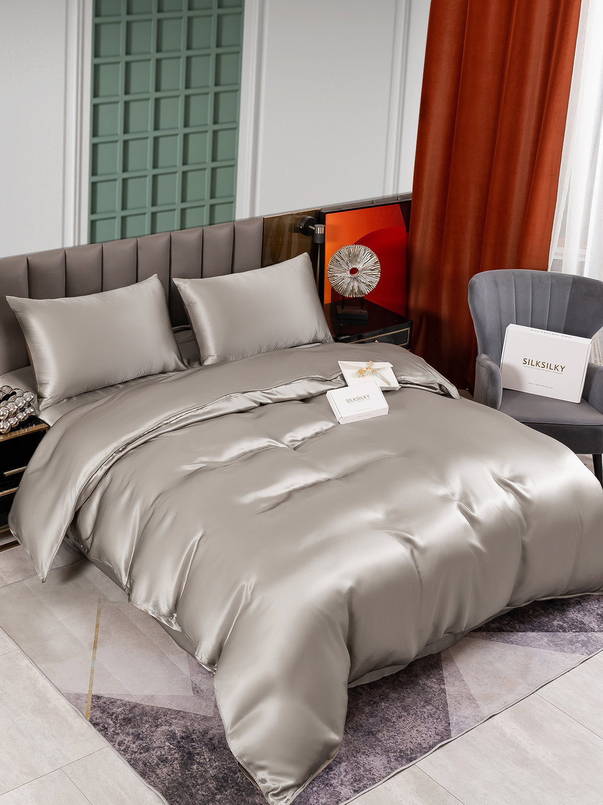 [Grå] SilkSilky-NO 25Momme Bedding Set 002