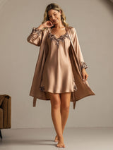 [Brun] SilkSilky-NO 3/4 Sleeve V Neck Nattkjole og Morgenkåpesett 009