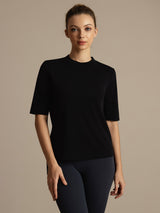 [Svart] SilkSilky-NO Halv erme Tett Crew Neck T-skjorte for Kvinner 001
