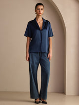 [Mørke blå] SilkSilky-NO Short Sleeve Lapel Collar Skjorte for Kvinner 006