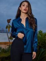 [Blågrønn] SilkSilky-NO Long Sleeve Lapel Collar Skjorte for Kvinner 006