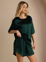 [Mørk Grønn] SilkSilky-NO Short Sleeve Round Neck Pyjamas for Kvinner 006