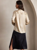 [Champagne] SilkSilky-NO 19Momme Langermet Sløyfe-Krage Bluse 002
