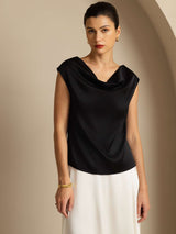[Svart] SilkSilky-NO Cap Sleeve Cowl Neck T-skjorte for Kvinner 001
