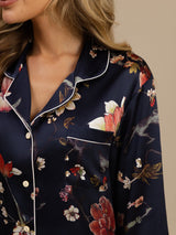 [Marine Blomster] SilkSilky-NO Long Sleeve Lapel Collar Pyjamas for Kvinner 006