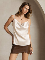 [Beige] SilkSilky-NO Spaghetti Strap Cowl Neck Camisole Topp 001