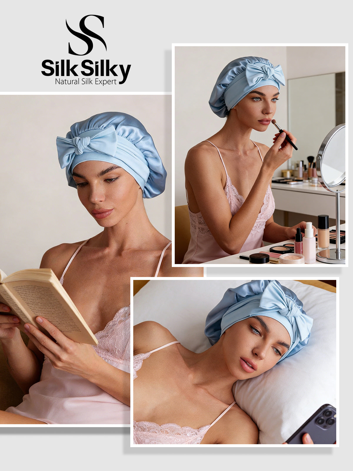 [Himmelblå] SilkSilky-NO Silke Sleep Cap 005