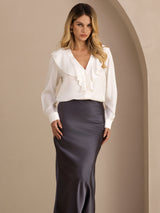 [Hvit] SilkSilky-NO Long Sleeve Deep V Neck Damebluser 003