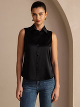 [Svart] SilkSilky-NO Sleeveless Lapel Collar Skjorte for Kvinner 003