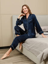[Mørke blå] SilkSilky-NO Long Sleeve Lapel Collar Pyjamas for Kvinner 003