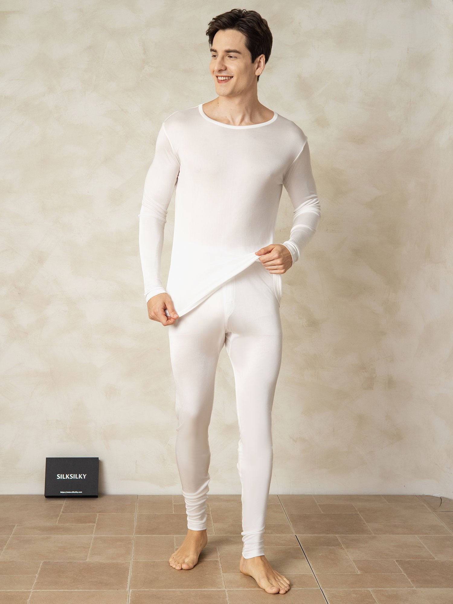 [Hvit] SilkSilky-NO Silke Mens Pajamas 003
