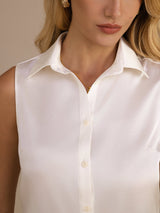[Hvit] SilkSilky-NO Sleeveless Lapel Collar Skjorte for Kvinner 004