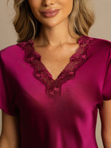 [Vin] SilkSilky-NO Short Sleeve V Neck Nattkjole 004