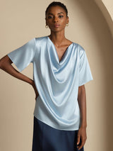 [Gråblå] SilkSilky-NO Short Sleeve Cowl Neck Damebluser 001