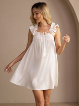 [Hvit] SilkSilky-NO Sleeveless Square Neck Nattkjole 001