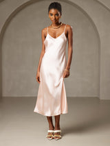 [Rosa] SilkSilky-NO Spaghetti Strap V Neck Kjole 004