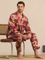 [Vinrød Drage] SilkSilky-NO Long Sleeve Lapel Collar Pyjamas for menn 005