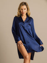 [Mørke blå] SilkSilky-NO Long Sleeve Lapel Collar Soveskjorte 003