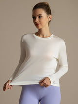 [Hvit] SilkSilky-NO Langermet Tett Crew Neck T-skjorte for Kvinner 001