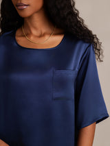 [Mørke blå] SilkSilky-NO Halv erme Round Neck Pyjamas for Kvinner 008