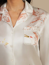 [Hvit] SilkSilky-NO 19Momme Langermet Notchkrage Pyjamas for Kvinner 004