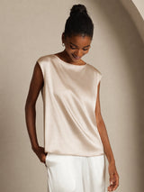 [Beige] SilkSilky-NO Cap Sleeve Round Neck T-skjorte for Kvinner 006
