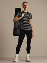 [Svart Stripe] SilkSilky-NO Kort erm Tett Crew Neck T-skjorte for Kvinner 006