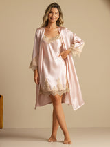 [Rosa] SilkSilky-NO 3/4 Sleeve V Neck Nattkjole og Morgenkåpesett 003