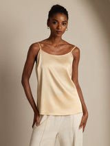 [Champagne] SilkSilky-NO 19Momme Spaghetti Stropp Dyp Rund Halsutringning Camisole Topp 001