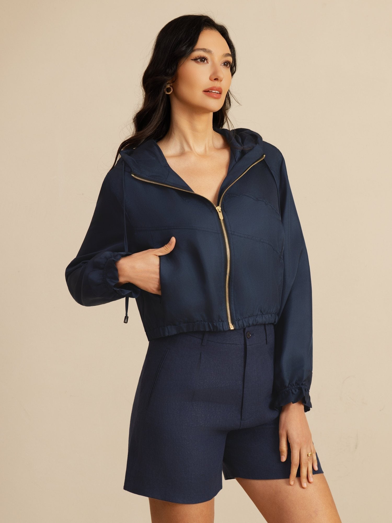 [Mørkeblå] SilkSilky-NO 18Momme Langermet Høy Hals Yttertøy for Kvinner 003