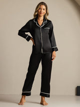 [Svart] SilkSilky-NO Long Sleeve Lapel Collar Pyjamas for Kvinner 001