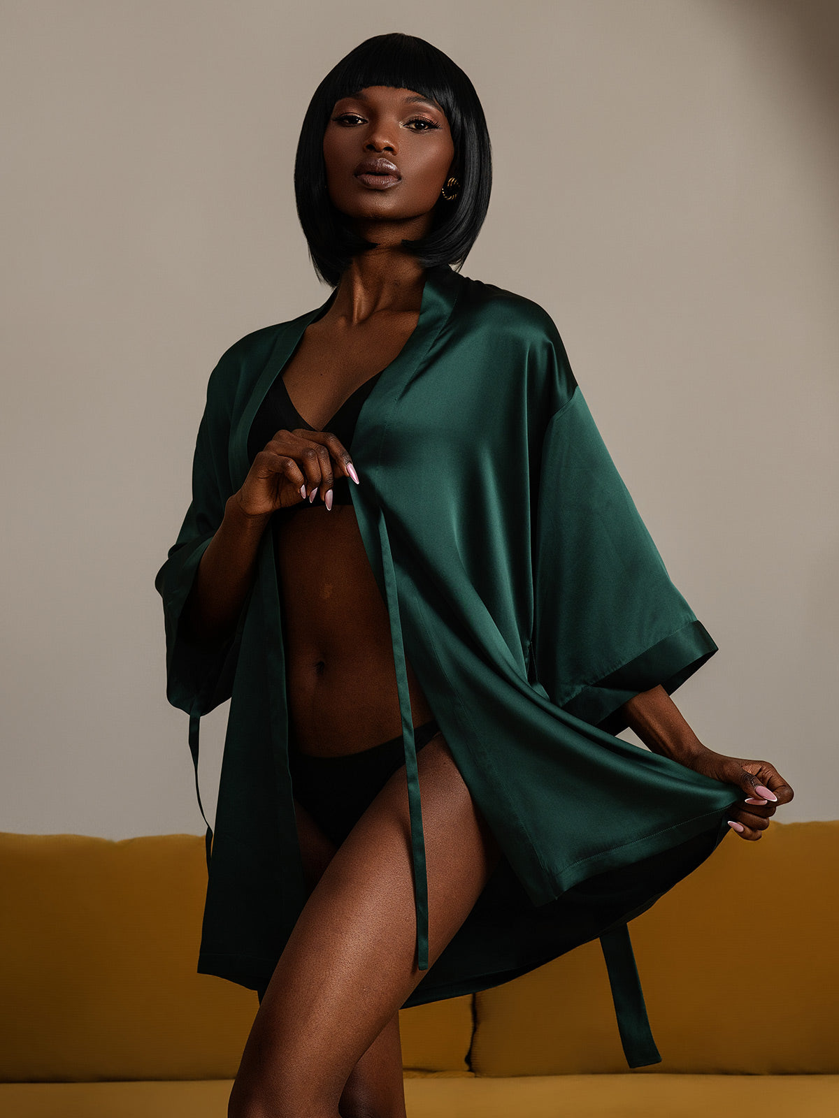 [Mørk Grønn] SilkSilky-NO Pure Silk Half Sleeve Womens Robe 001