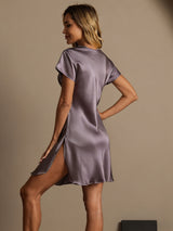 [Lilla Grå] SilkSilky-NO Short Sleeve V Neck Nattkjole 002