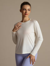 [Hvit] SilkSilky-NO Langermet Tett Crew Neck T-skjorte for Kvinner 005