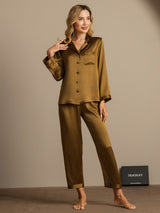 [Brun] SilkSilky-NO Long Sleeve Lapel Collar Pyjamas for Kvinner 005