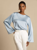 [Gråblå] SilkSilky-NO Long Sleeve Boat Neck Bluse 003