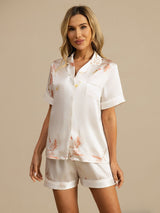 [Hvit] SilkSilky-NO Short Sleeve Lapel Collar Pyjamas for Kvinner 004