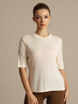 [Beige] SilkSilky-NO Halv erme Tett Crew Neck T-skjorte for Kvinner 004