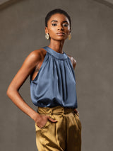 [Ekte Petrol] SilkSilky-NO Sleeveless Halterneck T-skjorte for Kvinner 004