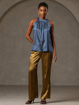 [Ekte Petrol] SilkSilky-NO Sleeveless Halterneck T-skjorte for Kvinner 006