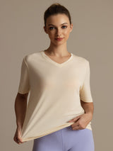 [Beige] SilkSilky-NO Kort erm V Hals T-skjorte for Kvinner 005