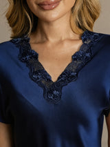 [Mørke blå] SilkSilky-NO Short Sleeve V Neck Nattkjole 004