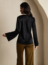 [Svart] SilkSilky-NO Long Sleeve Boat Neck Bluse 002
