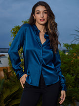 [Blågrønn] SilkSilky-NO Long Sleeve Lapel Collar Skjorte for Kvinner 001