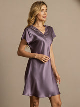 [Lilla Grå] SilkSilky-NO Short Sleeve V Neck Nattkjole 001