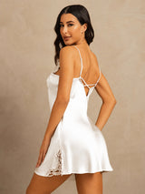 [Hvit] SilkSilky-NO Spaghetti Strap V Neck Nattkjole 002