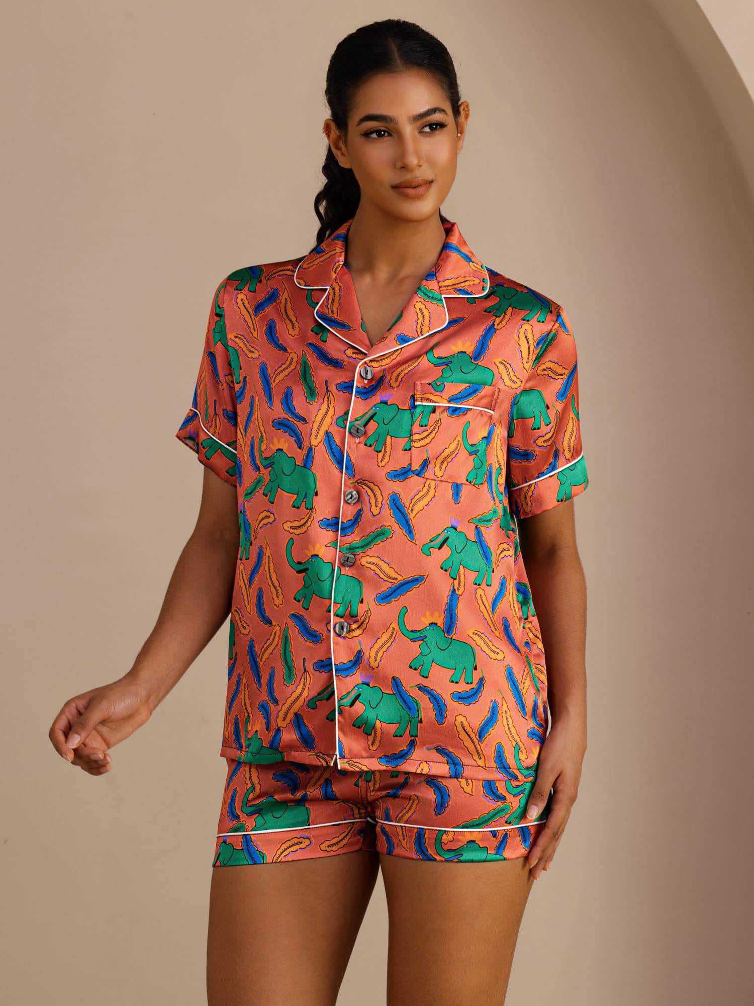 [Leireelefant] SilkSilky-NO Short Sleeve Lapel Collar Pyjamas for Kvinner 001