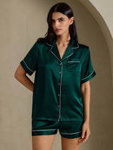 [Mørk Grønn] SilkSilky-NO Short Sleeve Lapel Collar Pyjamas for Kvinner 006